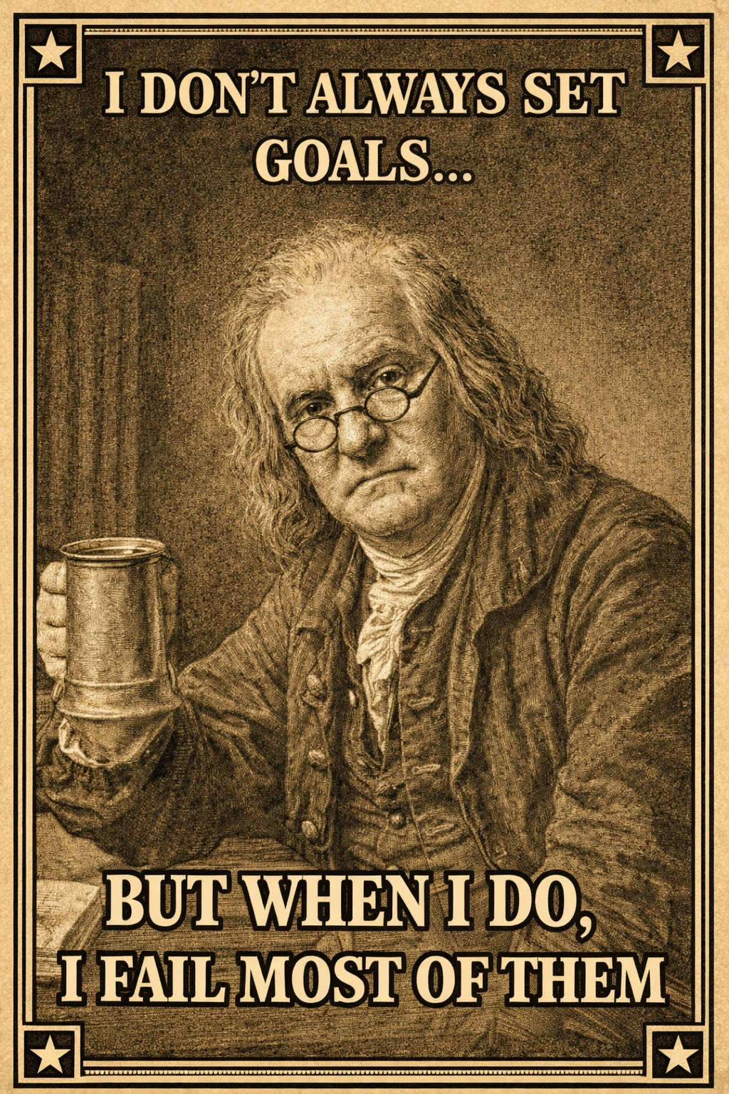 Benjamin Franklin portrait with quote about setting goals and failing them